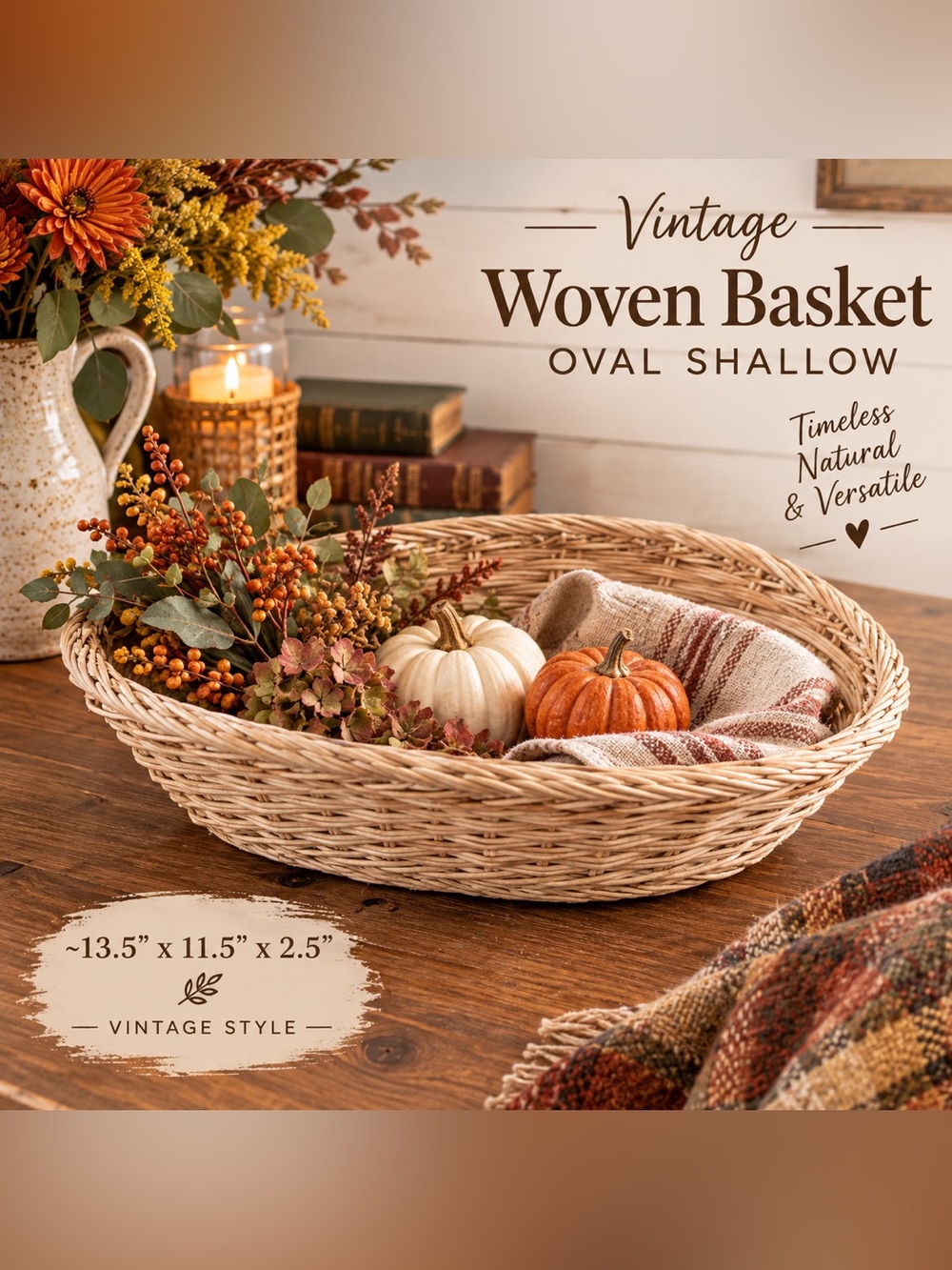 Woven Basket oval shallow ~13.5”x11.5”x2.5”